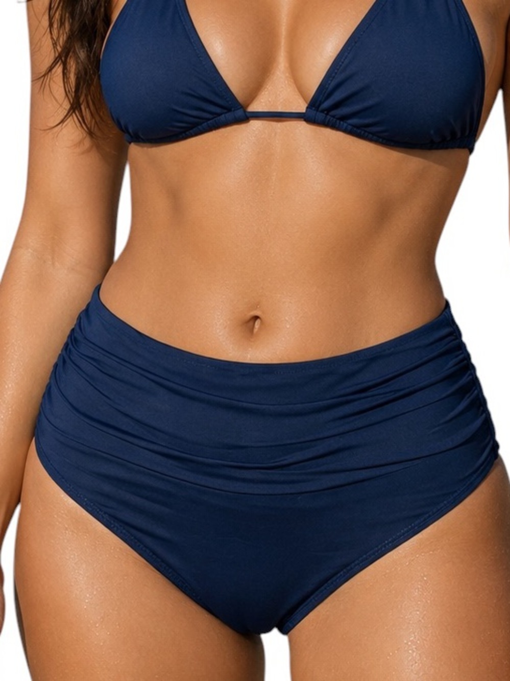 Tempt Me Tummy Control High Waisted Ruched Swim Bottom Bikini Navy Blue Sz S NWT